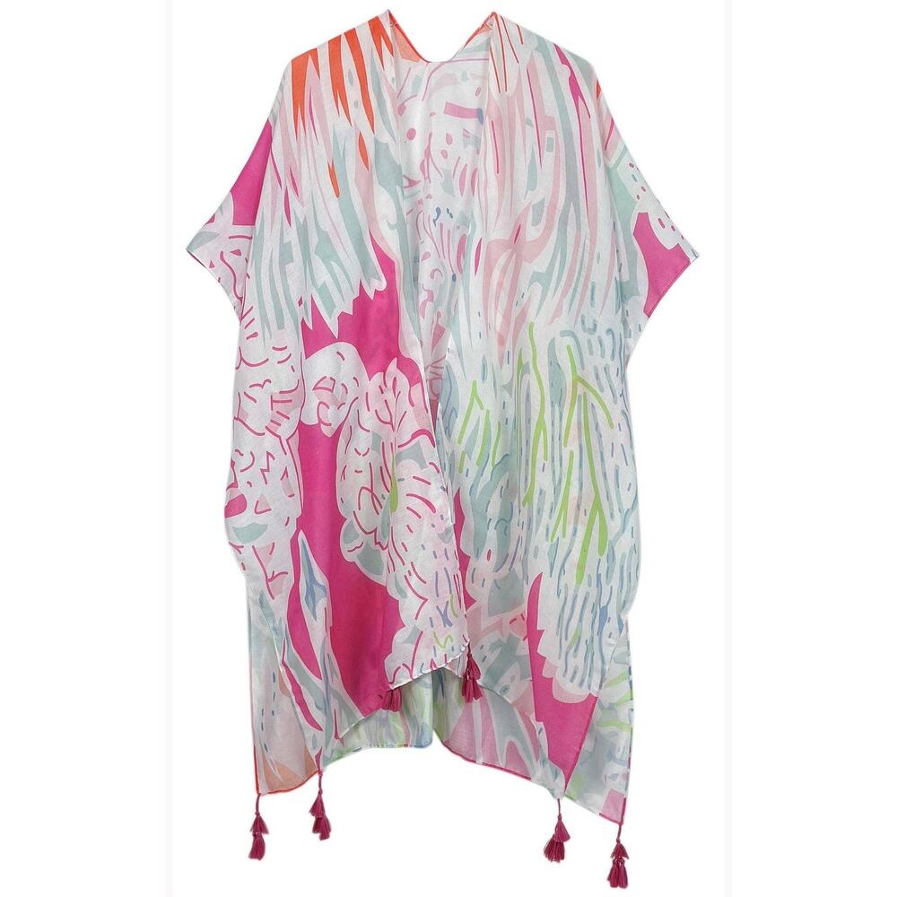 Pink Lily Island Watercolor Boho Kimono Wrap Shawl Cover Up
